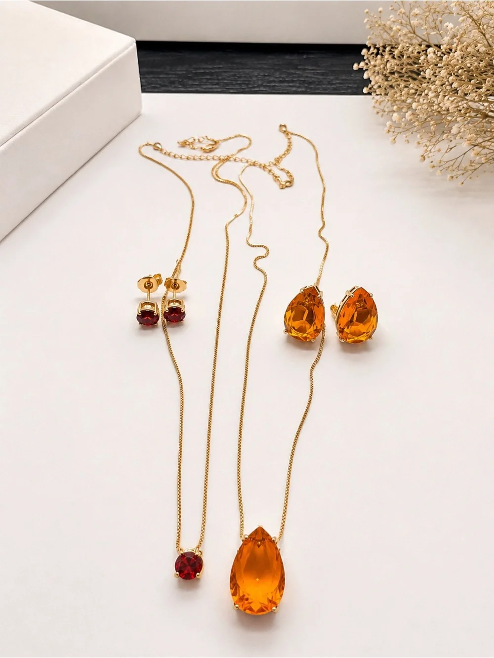 18K Gold Plated Jewelry Set – Vibrant Orange & Radiant Ruby Red